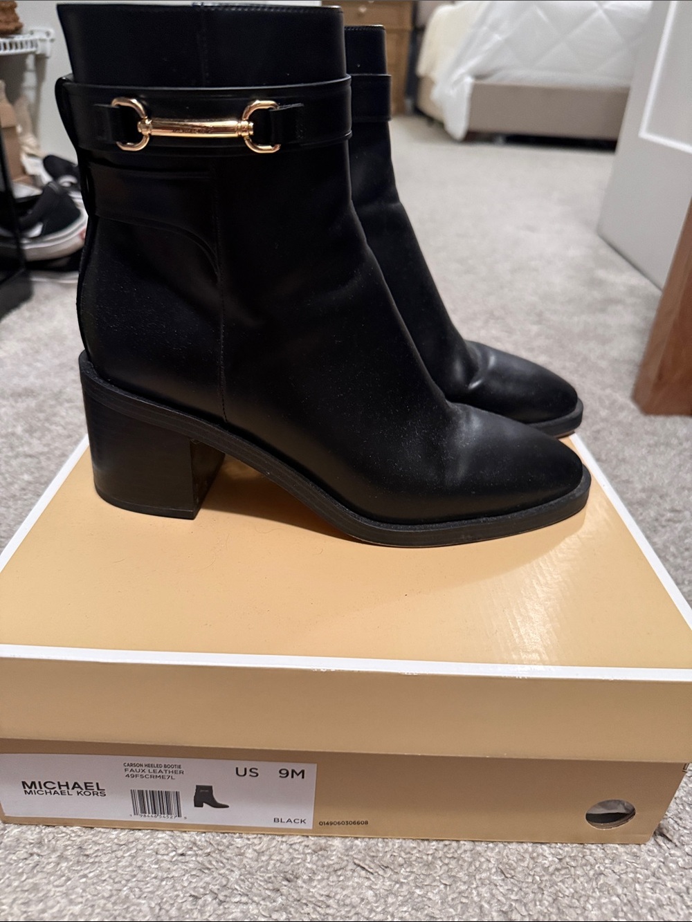 Michael Kors Black Leather Ankle Boots with Gold Hardware
